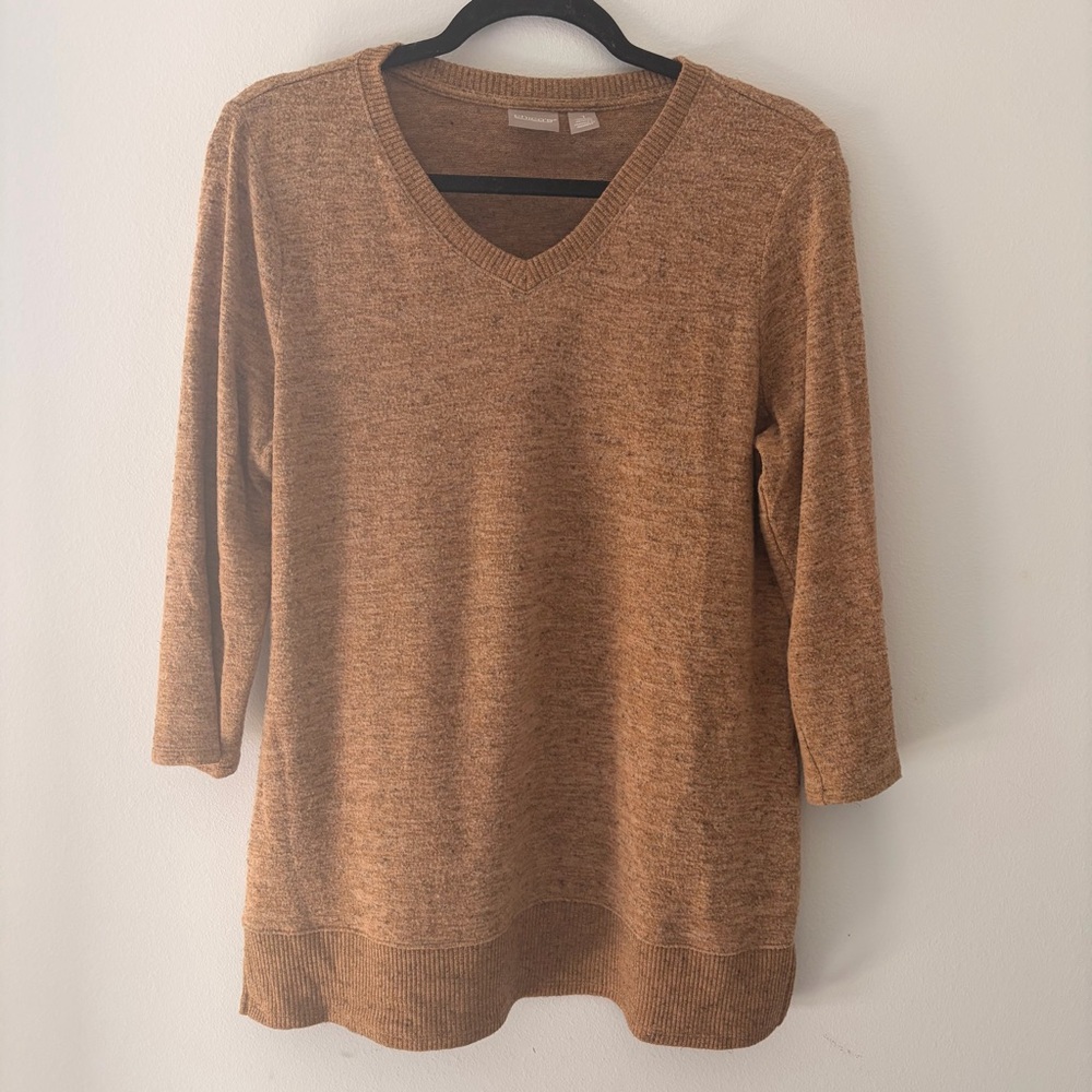 Chico’s Brown Knit V Neck Top Size 1 Medium Side Slit 3/4 Sleeve